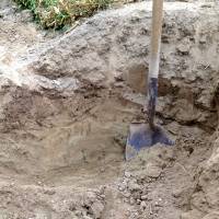 Sandy loam on top. River sand below. Notice the different soil at the top of the shovel. Sandy loam on top. River sand below. Notice the different soil at the top of the shovel.